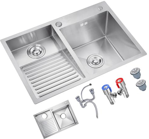 Lavabo de baño de doble tazón, fregadero de lavandería con tabla de lavado, práctico fregadero de lavandería para baño y balcón, sin grifo (Color: izquierda, tamaño: 80 x 48 x 22 cm)