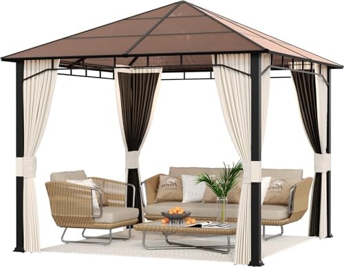 Amopatio Gartenpavillon 3x3 m Wasserdicht Stabil Winterfest, Pavillon mit Polycarbonat - Dach, Hardtop Pavillon mit Seitenteile für Garten, Terrassen (Champagner)