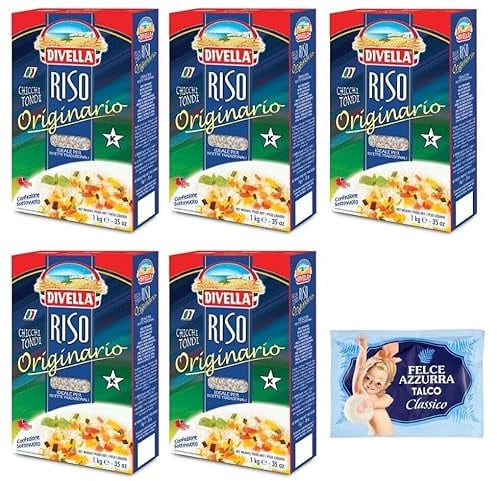 5er-Pack Divella Riso Originario,Runde Reiskörner, italienischer Reis, ideal für traditionelle Rezepte,1kg Vakuumverpackung + 1er-Pack Kostenlos Felce Azzurra Talkumpuder, 100g-Beutel
