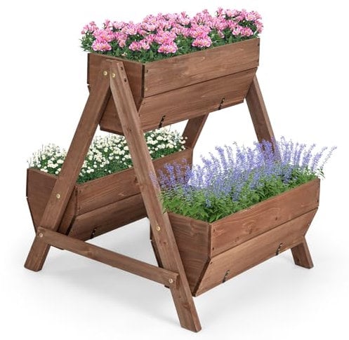 COSTWAY Raised Garden Bed, Vertical Garden Planter with 3 Wooden Planter Boxes and Drainage Holes, Indoor Outdoor Elevated Flower Growing Box for Patio Yard Balcony
