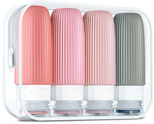 Gemice Silicone Travel Bottles Set 60 ml, Set of 4 Travel Bottles for Filling Hand Luggage Liquids, Leak-Proof, Cosmetic Bottles for Filling Travel, Container, BPA-Free, FDA Approved (Pink)