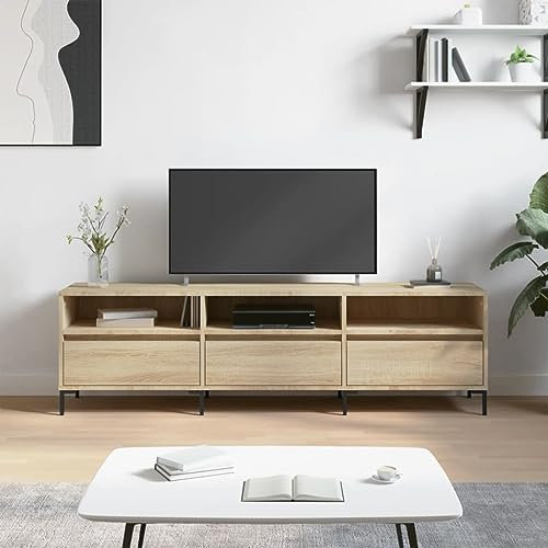 TJROO TV-Schrank Eiche Sonoma 150 x 30 x 44,5 cm aus mehrschichtigem Holz und Eisen – Regal unter TV mit Türen und Vitrine – TV-Konsole niedrig