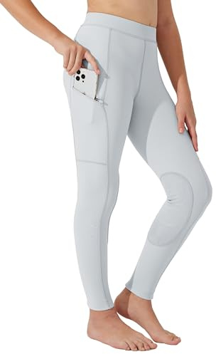 WILLIT Pantalon d'équitation pour enfants filles Leggings d'équitation avec renfort aux genoux Pantalon d'équitation jeunesse Été Respirant élastique avec poches, gris clair, M