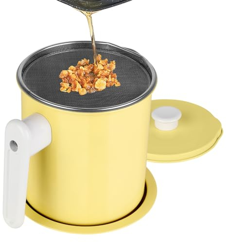 Contenedor de grasa con colador de malla fina Olla con filtro de aceite, recipiente para grasa de tocino, lata de aceite de cocina de 47oz/1,4l para almacenamiento de grasa, utensilios de cocina