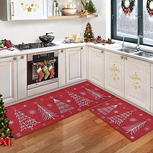CAROMIO Weihnachts Küchenteppich Sets, Weihnachts Küchenmatte Frohe Weihnachten und Schneeflocke 2-teilig rutschfeste Läufer Teppich-Set Bodenmatte für Heimdekoration, 40 x 60 cm + 40 x 120 cm