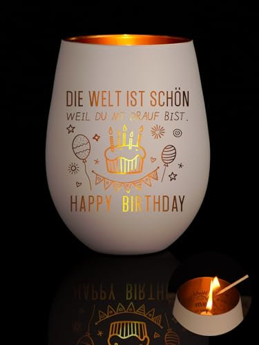 Geburtstagsgeschenk für Frauen, Windlicht mit Gravur Geschenke für Frauen, Happy Birthday Teelichthalter Geschenk für Freundin, Schwester, Teelichtgläser Geschenkideen für Kollegen, Mama, Freunde
