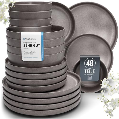 Steingut Geschirrset 12 Pers. 48-tlg Hochwertiges Urban Style TEST SEHR GUT Steingut Geschirr Set - Schüssel- und Teller Set - Tafelservice 12 Personen Geschirrsets Pure Living in matt Grau-braun