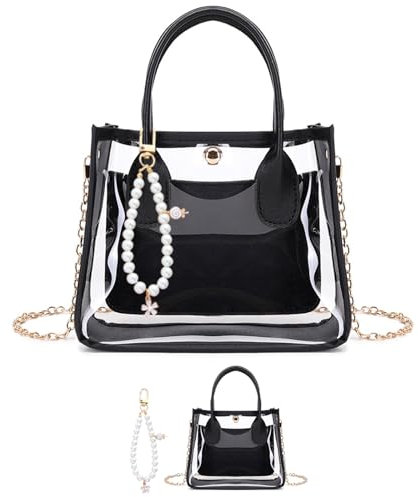 KASESSS Kleine Handtasche Damen, Transparente Damenhandtasche UmhäNgetasche Damen Klein Schwarze Handtasche PVC Handtasche Schwarz Klein Elegante Handtasche Klein Schwarz, 19,5 * 15 cm