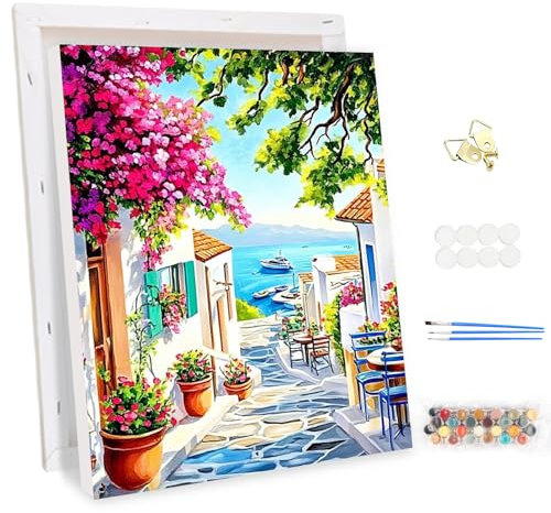 MEIYUDA Peinture par Numero Adulte avec Cadre Vue Mer Fleurs, DIY Peinture Acrylique pour Débutants, Peinture par Numero Facile sur Toile Avec Peintures et Pinceaux Decoration Maison Cadeau 30x40cm