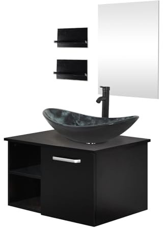 ZealWe Badmöbel Set Waschbecken Waschtisch mit Unterschrank Waschbeckenunterschrank und Spiegel, Badezimmermöbel mit Badezimmerschrank hängend, Wandregal, Aufsatz-Waschbecken(Sternenhimmelfarbe)