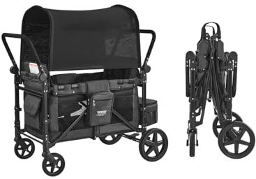 VEVOR Poussette Chariot pour 4 Enfants Pliable à Quatre Roues, Capacité Charge 150 kg, avec Poignée Réglable, Harnais de Sécurité, Auvent Amovible, Poussette 4 Places pour Camping, Gris Foncé et Noir