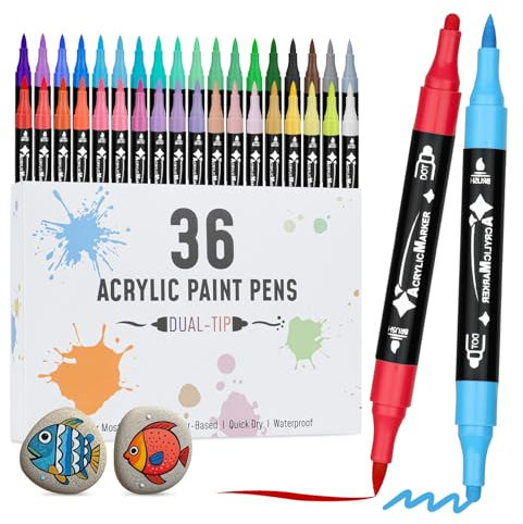 VynyQoo 36 Colori Pennarelli Acrilici Doppia Punta per Dipingere Sassi, Tessuti, Legno, Vetro e Ceramica - per Bambini e Adulti