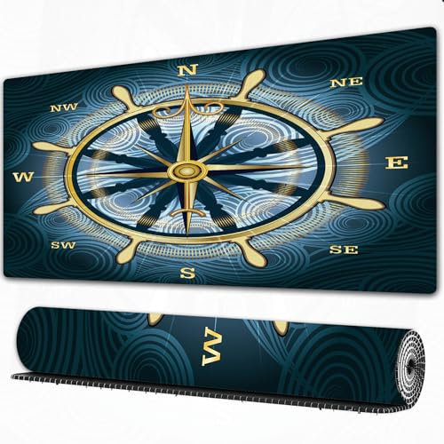 FEHWI Grand Tapis de Souris de Jeu avec Bords surpiqués et Dos antidérapant,sous-Main pour Clavier et Souris,Navigation Boussole dorée avec Rose des Vents et Casque sur Une Surface Maritime,90×40 cm