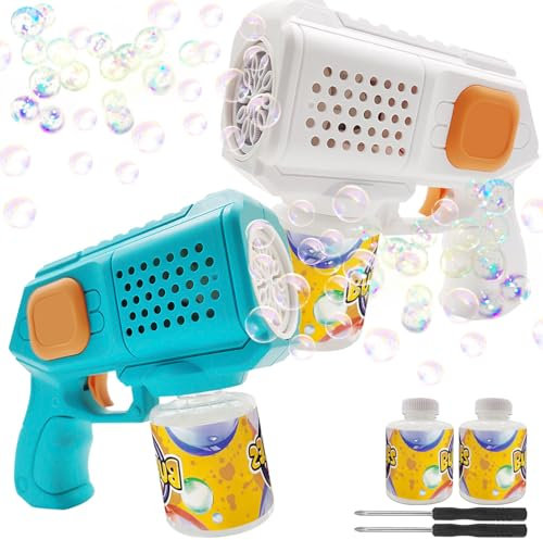 Seifenblasen-Pistole, 2 Stück Seifenblasenpistolen, Seifenblasenmaschine für Kinder, Bubble Gun Kinder 5000+ Blasen mit Seifenblasenlösung, Seifenblasen Pistole für Kinder, Bubble Maschine