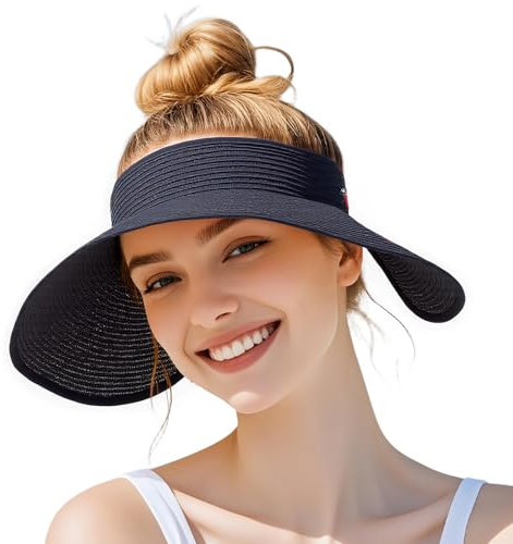 powerking Sonnenschutz für Frauen, UV-Schutz breiter Rand Stroh Strandhut, verpackbare klappbare Pferdeschwanz Sommerhüte perfekt für den Sommerurlaub, Schwarz
