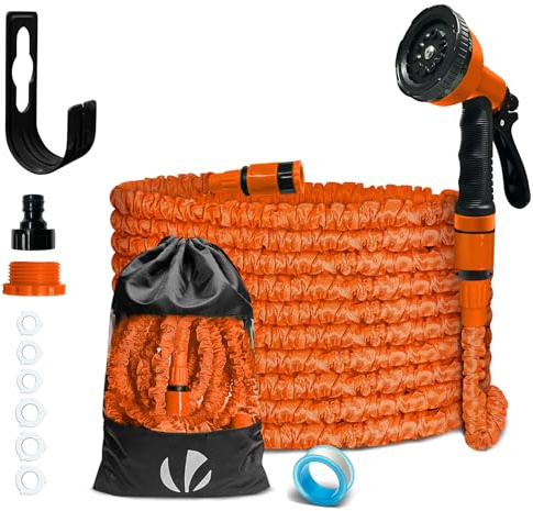 VOUNOT® Tuyau d'Arrosage Extensible 15m Adaptable 1/2 et 3/4 10 Modes de Pulvérisation Flexible et Anti-Fuite Raccord et Sac de Rangement Fournis Orange