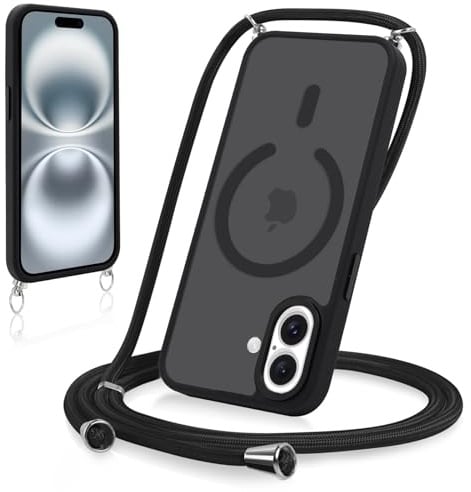 Yodege Magnetische Handyband für iPhone 17 Hülle mit Band, Handyhülle Kompatibel mit MagSafe, Matt Transluzente PC + TPU Stoßfest Schutzhülle mit Abnehmbar Kordel zum Umhängen Case, Schwarz