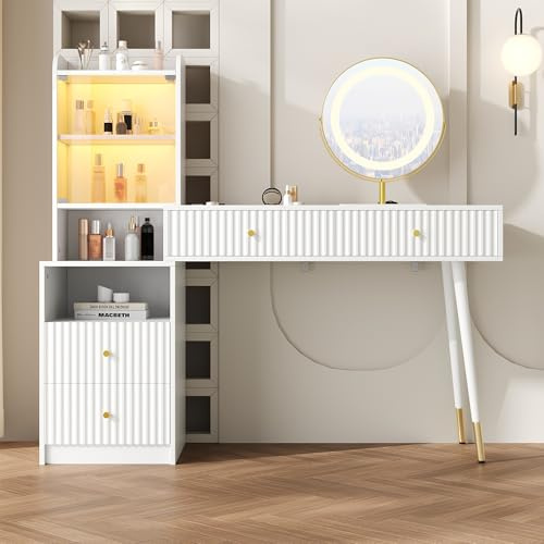 Kebnor Juego de tocador con espejo LED tricolor, cuatro cajones, 1 armario iluminado con puerta de cristal, 1 compartimento de almacenamiento abierto, color blanco, tamaño: 100 x 40 x 125 cm (sin