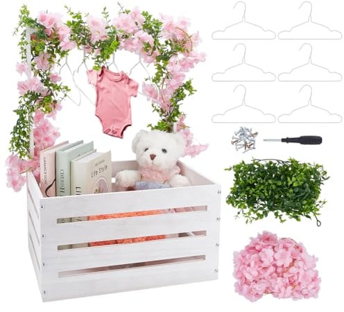 UNICRAFTALE Babyparty Geschenkkorb Baby Aufbewahrungskiste für Neue Eltern | Aus robustem Holz,mit 6 Haken,mit künstlichen Blumenranken und Blättern,weiß,41x30x59cm,als Wäschekorb und Partykorb nutzbar