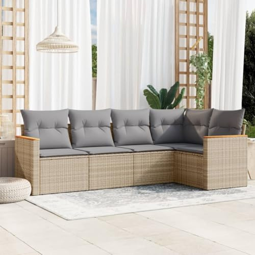 QJBSAVVA 5-TLG. Gartensofa Set Beige Poly-Rattan mit Akazienholz-Armlehne, modulare Lounge, Ecksofa Mittelsofa 69 cm hoch, inkl. Stauraum & wasserfestem Beutel für Balkon Terrasse Garten
