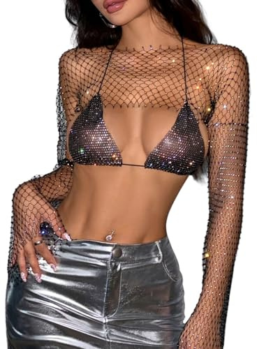 MALSSE Set di costume da bagno casual con strass ornati a maniche lunghe, top corto e reggiseno allacciato al collo, per feste al mare, eventi, Nero , L