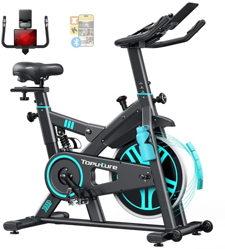 【2026 Upd】Toputure Exercise Bike with APP and Heart Rate, Shock Absorption Spin Bike, Magnetic Resistance, Max 350 lbs,15kg Flywheel, LCD Display, Wasserflaschenhalter, Tabletthalter, Ultra-quiet