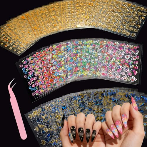 VelvetGlow 90 Sheets Nail Stickers for Nail Art DIY, 3D Nail Art Stickers Decals for gel nails, Self Adhesive Floral Design Decals for Women Girls Kids