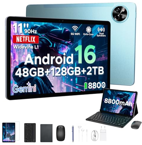 P11 Tablet 11 Pulgadas, 48GB + 128GB(TF 2TB), Tablet Android 16, Gemini AI, | T7250 Octa-Core, 8800mAh, 13MP+5MP, Face ID, Widevine L1, Auriculares 3.5mm, Tablets con Teclado, Lápiz y Raton, Azul