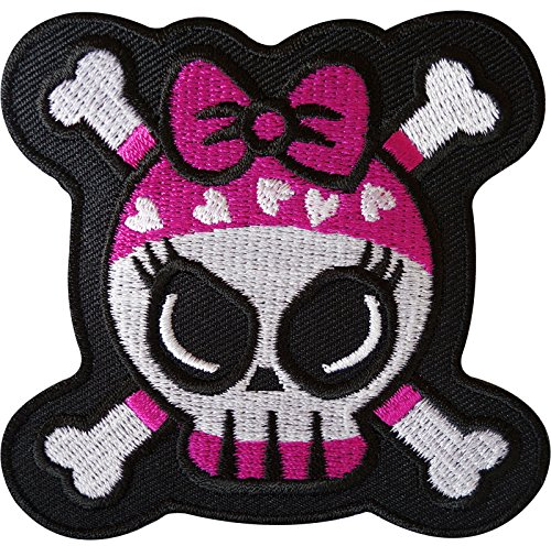 Aufnäher mit Totenkopf und gekreuzten Knochen, bestickt, zum Aufnähen oder Aufbügeln, Motiv: Skelett für Mädchen, rosa Schleife
