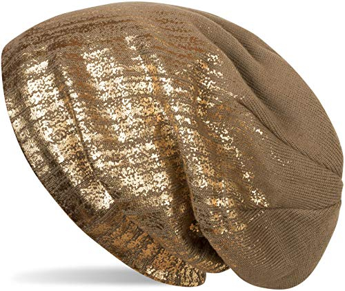 styleBREAKER warme Feinstrick Beanie Mütze mit Metallic Print und Fleece Innenfutter, Slouch Longbeanie, Unisex 04024132, Farbe:Braun/Gold