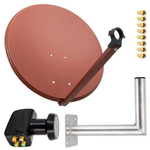 Premium X Satelliten-Komplettanlage 80cm Satellitenschüssel Ziegelrot Quad LNB 8X F-Stecker Wandhalter 35cm, SAT bis 4 Teilnehmer