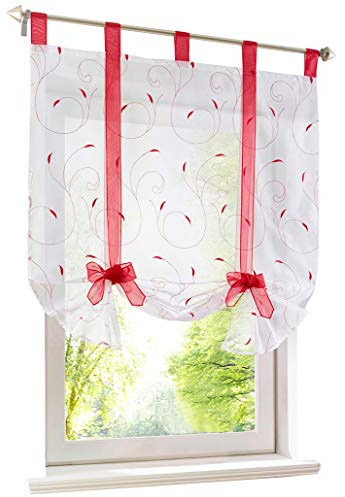 Raffrollo mit Stickerei Band Raffgardinen Voile Transparent Schlaufen Vorhang (BxH 80x140cm, Rot)
