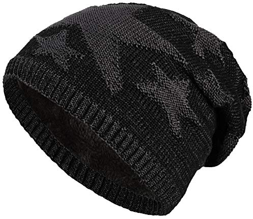 warm gefütterte Beanie mit Teddy-Fleece Fütterung und Sternen Muster Wintermütze Einheitsgröße für Damen & Herren Mütze (1A) (Schwarz)