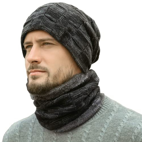 Bequemer Laden Herren Winter Warm Beanie Mütze und Loop Schal Set mit Fleece Gefütterte Thermo Wintermütze Strickmütze Mützen Schlauchschal Schals Geschenk Männer, Einheitsgröße, A Schwarz