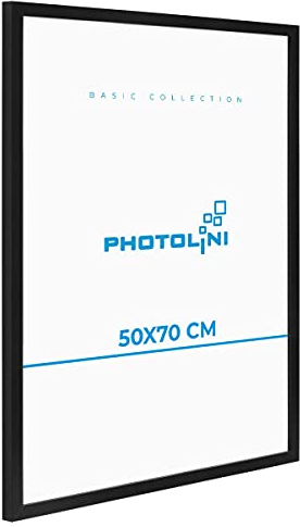PHOTOLINI Cadre 50x70 noir bois MDF, cadre pour puzzle 50x70 et posters, cadre photos avec verre acrylique incassable, cadre photo 70x50 à suspendre, cadre poster 50 x 70 avec accessoires