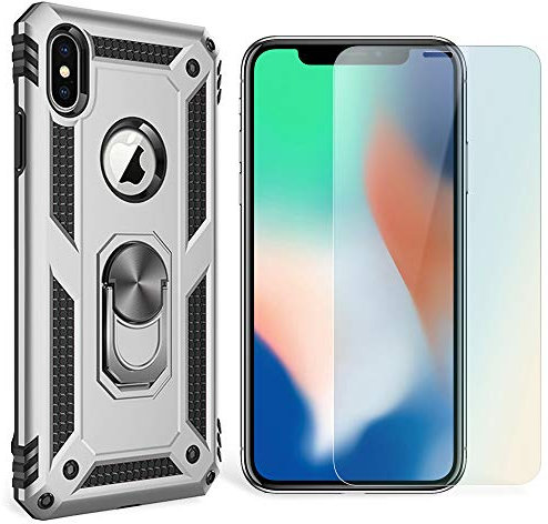 NALIA Cover + Vetro Temperato compatibile con iPhone X/XS, 9H Tempered Glass & Custodia con Anello Girevole 360 Gradi, Supporto Magnetico Auto, Hard-Case & Silicone Bumper Ring Case, Colore:Argento