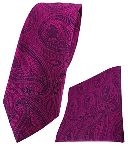 TigerTie schmale Designer Krawatte Designer Einstecktuch in magenta beere lila schwarz Paisley gemustert - Krawattenbreite 6 cm