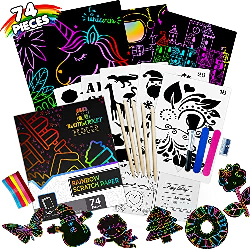Raimarket kratzbilder für kinder, 74 Stück Regenbogen Kratzpapiere für Kinder | mädchen geschenke 7 jahre auch 3 4 5 6, Kunsthandwerk für weihnachten kinder und Spielzeug 6-jährige Jungen