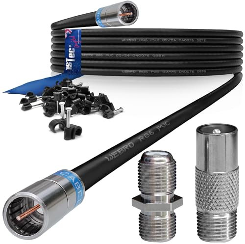 1STec 10m Black Virgin Media Quick Fit Male Push On or Over Female F-connector Technetix Isolator IEC Webro Extension Cable for V6 TIVO Set Top Box VIVID Fibre Super Hub Broadband Modems to 10 Metre