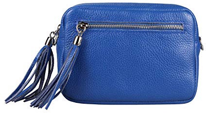 OBC Made in Italy Damen Leder Tasche Umhängetasche Schultertasche Beuteltasche Cross-Over Cross Bag Glattleder Schmucktasche Fransen Ledertasche (Königsblau)