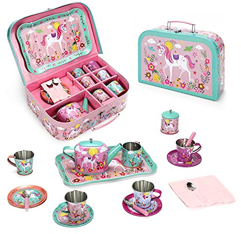 SOKA Unicorn Metal Tin Teapot Set Age 3+ with Carry Case Toy for Kids - 18 Pcs Illustrated Colourful Design Toy Tea Party Set Pretend Role Play for Kids Children Boys Girls