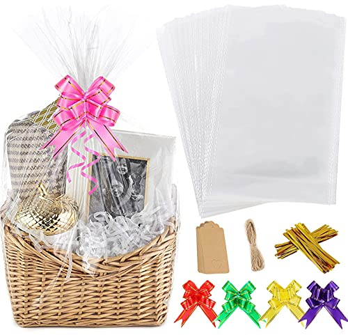 ACEHOME 20Pcs Cellophane Basket Bags, 14X20in Clear Hamper Wrap Bag with Pull Bow Blank Hangtag & Twist Ties, Large Present Bags Set for Gift Packaging Arts Crafts Toys Fruit Christmas Making