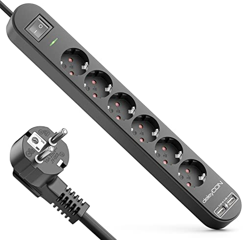 deleyCON 3,0m 6 Fach Steckdosenleiste mit USB Stromleiste 6X Schutzkontaktbuchsen 2X USB-A Ladebuchse für z.B. Handy & Tablet Überspannungsschutz EIN/AUS Schalter Schwarz