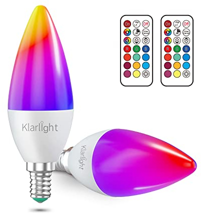 Klarlight C35 E14 Colour Changing LED Bulbs, 3W Dimmable RGB Candle Bulb, E14 LED Warm White 3000K Angle Light Bulb, Memory Function Colour Changing Light Bulbs with Remote Control, Pack of 2