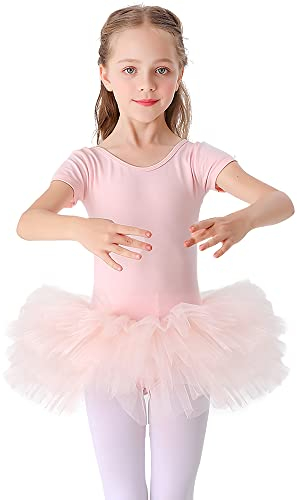 Bezioner Kinder Ballettkleidung Tütü Ballettkleid Mädchen Baumwolle Balletttrikot Kurzarm Ballettanzug Tanzbody mit Rock Rosa Offener Schritt mit Knopf 130
