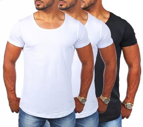 Young & Rich Herren Uni T-Shirt mit tiefem Rundhals Ausschnitt einfarbig körperbetontes Basic Tee Vintage Look 1702
