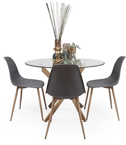 Homely - Conjunto de Comedor Dalila Nordic, Mesa de Cristal Templado de 110 cm y Estructura metálica Acabado Madera y 4 sillas de Comedor Color Color Gris Oscuro