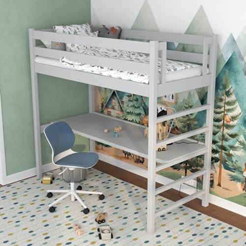 N-wood N01 Hochbett mit Schreibtisch Holz 90x190 cm, Etagenbett, 2 Leitermontageseiten: Links oder rechts, sichere abgerundete Kanten, Hochwertige und umweltfreundliche Lacke, Grau
