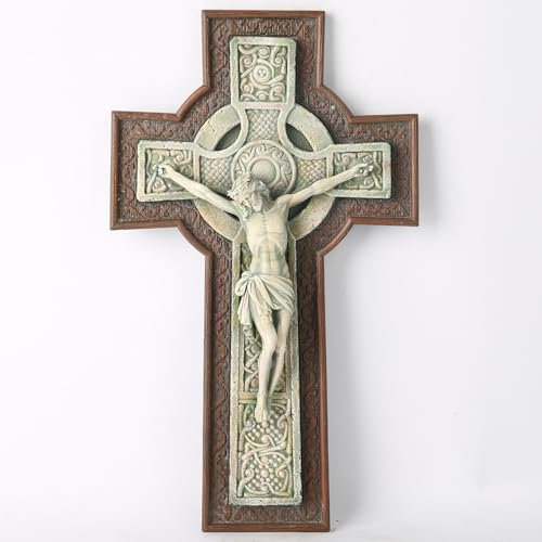BC Katholisches Kruzifix-Wandkreuz, keltischer Stil, Gartenkreuz, religiöses Geschenk, Holzsteinschnitzerei, 30,5 cm hoch, handbemalt von Buildclassic