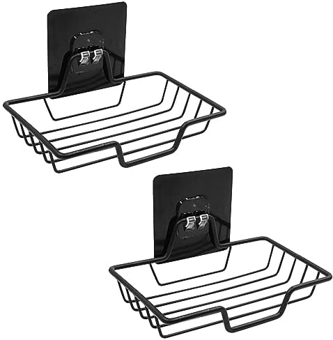 2-Pack Self-Adhesive Soap Dish Holder Soap Basket - Wall Mounted Stainless Steel Soap and Sponge Holder, No Drilling Soap Tray Organizer for Home Kitchen and Bathroom Shower (Black)